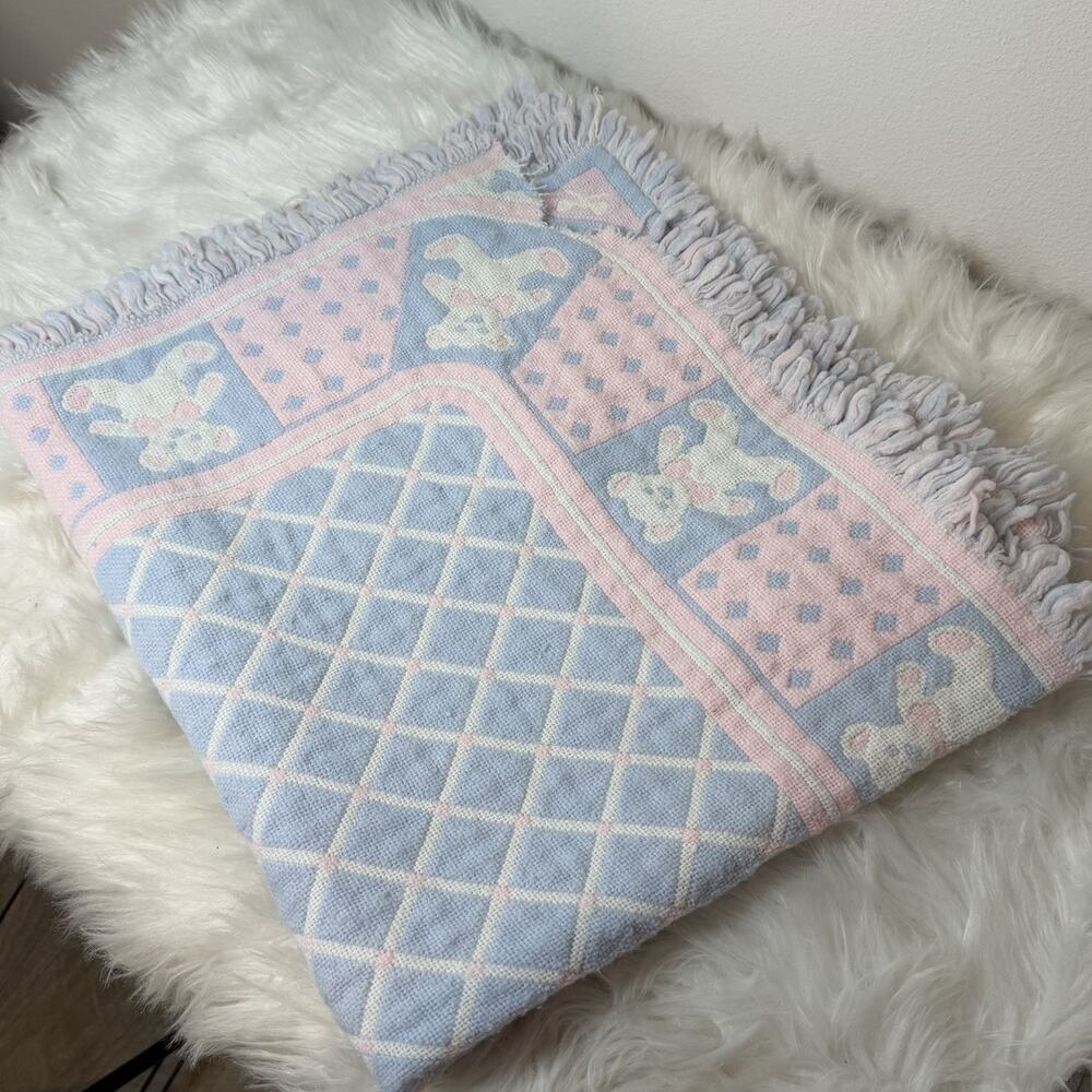 Vtg Teddy Bear Woven Tapestry Baby Blanket Throw Fringe Pastel Pink Blue FLAW